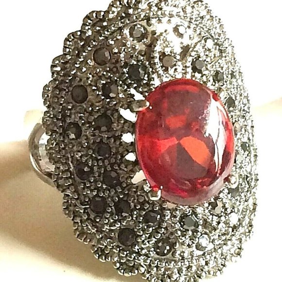 Art Deco Ruby Marcasite Cocktail Ring Size 6 7 Silver Rhodium Plated Simulated - Picture 5 of 12